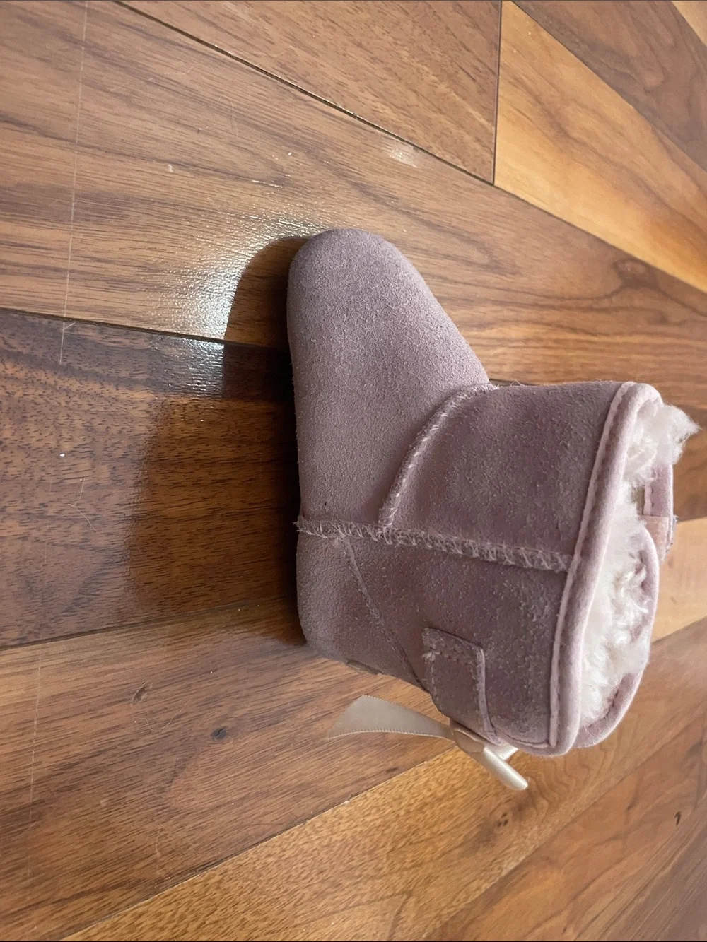 UGG Kids Blush Pink Sheepskin Booties with Satin Bows